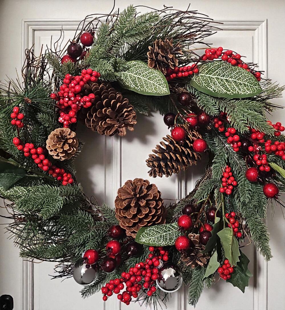 Traditional Christmas Wreath Artificial Front Door Pinecone Berries